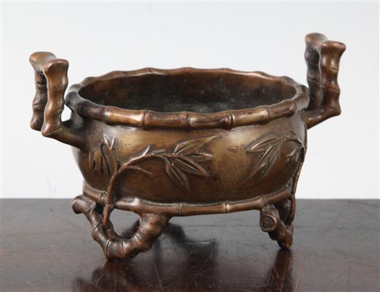 A Chinese bronze bamboo-form censer, width 22.5cm